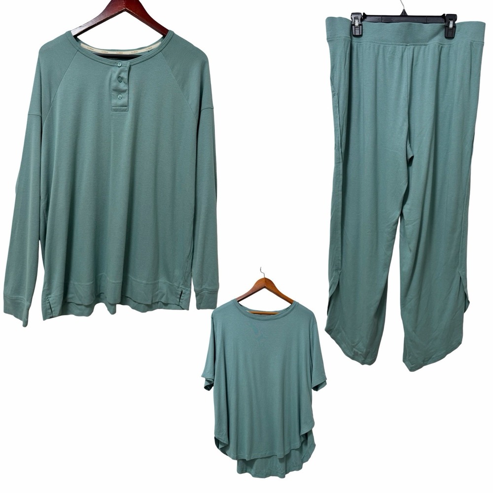 LL Bean Womens Cotton Blend 3 Piece Pajama Set Size XL Teal Lounge Sleepwear